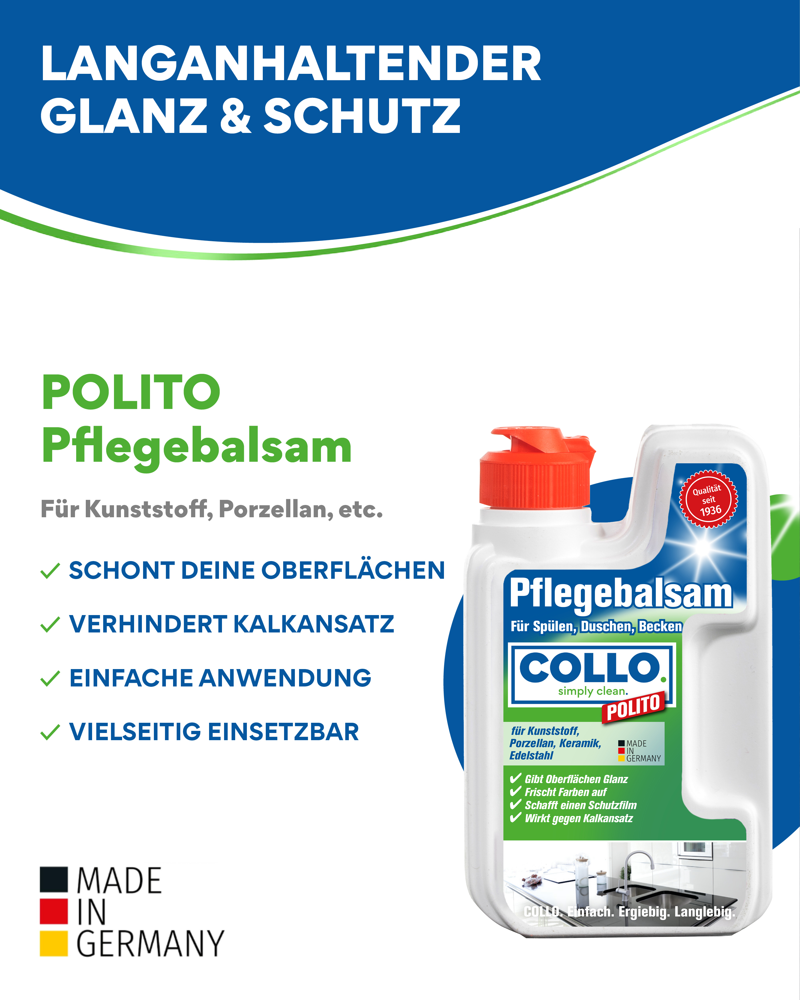  0062 COLLO POLITO Premium Spülbeckenpflege 125 ml - Effektive Reinigung und Pflege für Spül- & Waschbecken aus Granit, Edelstahl, Porzellan & Keramik